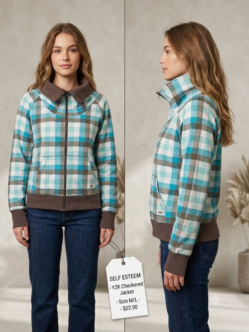 Self Esteem Vintage Y2K Checkered Teal Brown White Zip-Up Jacket - Size Fits M/L